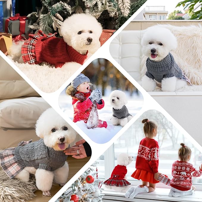 YUDODO Small Dog Sweater Dress with Bowtie Turtleneck - Knitted Pet Girl Dog Winter Clothes - Pet Warm Sweater for Puppy Yorkies, Chihuahua (XL Grey)