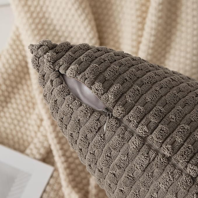 Kevin Textile Throw Pillow Covers Soft Corduroy Decorative Set of 2 Boho Striped Pillow Covers Pillowcases Farmhouse Home Decor for Couch Bed Sofa Living Room 24x24 Inch Light Brown
