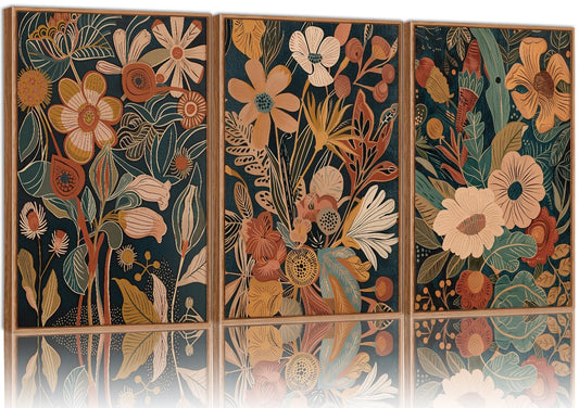 Tinonedraw Burnt Orange Floral Framed Canvas Wall Art Set of 3, Boho Chic Flower Artwork, Mid Century Modern Wall Decor, Colorful Neutral Botanical Art Prints for Bedroom Living Room Office 24"x36"