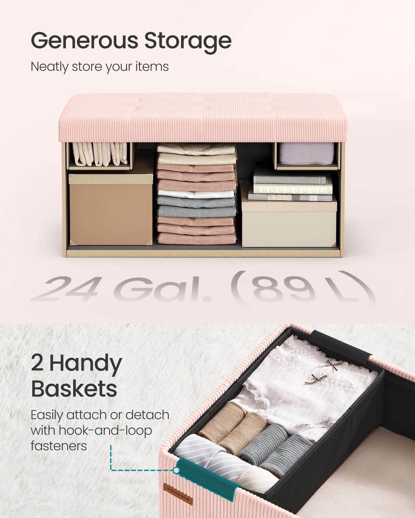 SONGMICS Mazie Collection - Storage Ottoman Bench, Foldable Foot Rest, 15 x 30 x 15 Inches, End of Bed Bench, Storage Chest, Load 660 lb, Living Room, Bedroom, Entryway, Jelly Pink ULSF603R01