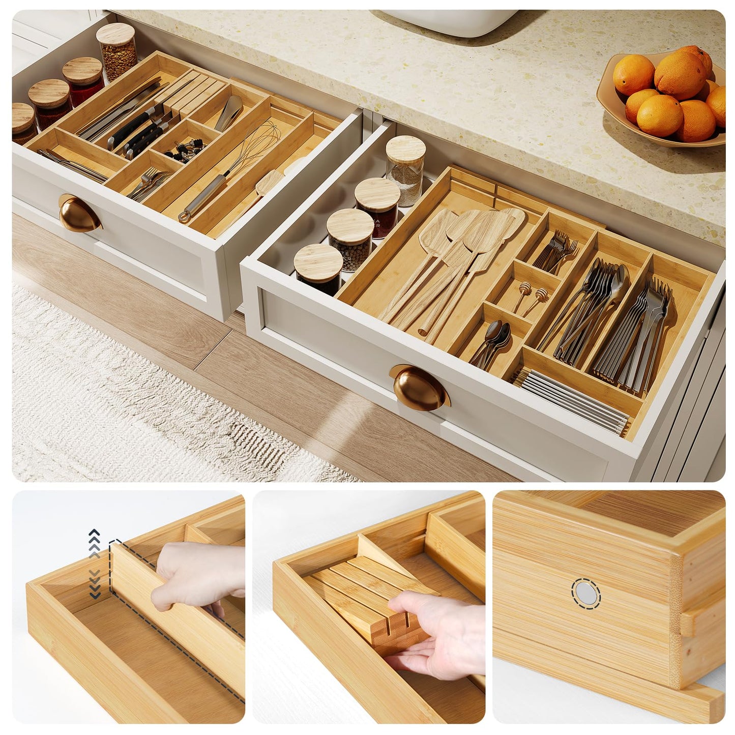 HOOBRO Large Silverware Organizer Kitchen Drawer Organizer, Magnetic Connected Expandable Utensil Organizer From 22 to 35 Inches, Bamboo 16 Slots Cutlery Tray with Knife Holder, Natural YL07TL01