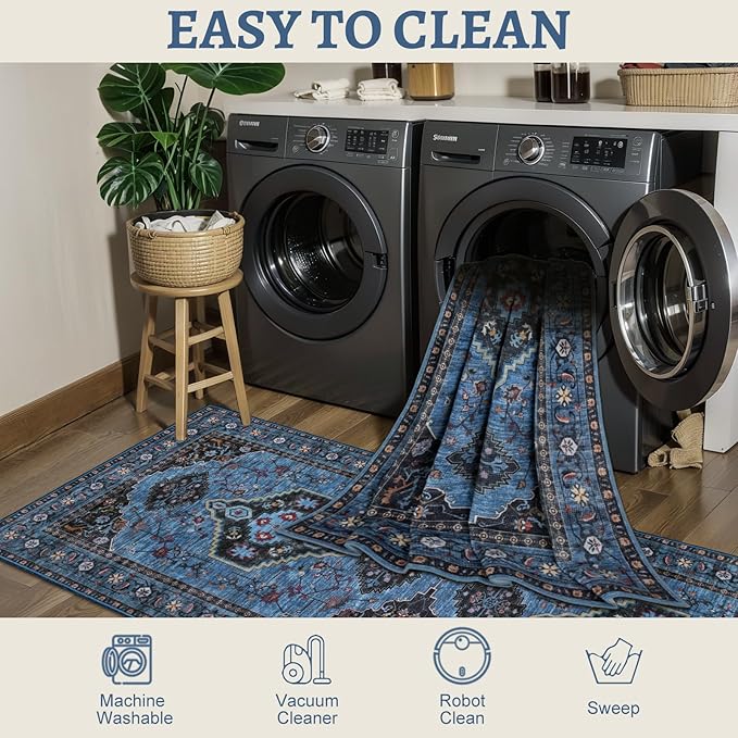 Tangsoo Blue 2x3 Washable Rugs for Entryway Oriental Non Slip Small Area Rug, Vintage Indoor Front Door Rug, Print Door Mat Indoor Entrance Soft Low Pile Throw Rug for Entry Kitchen Bedroom Blue/Black