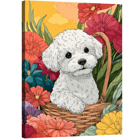 Halioyo Bichon Dog Wall Art Cute White Dog with Colorful Flowers Poster Funny Puppy Canvas Wall Art Decor for Nursery Playroom Entryway Living Room, Gift for New Dogs Parents(12x16 inch)