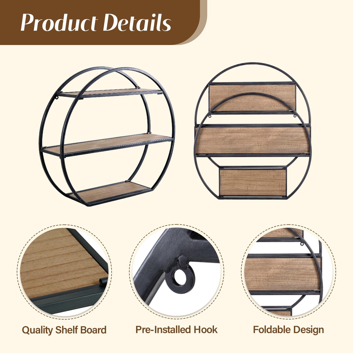 Synovana 3 Tier Industrial Style Foldable Semi-Circle Shaped Wall Shelves