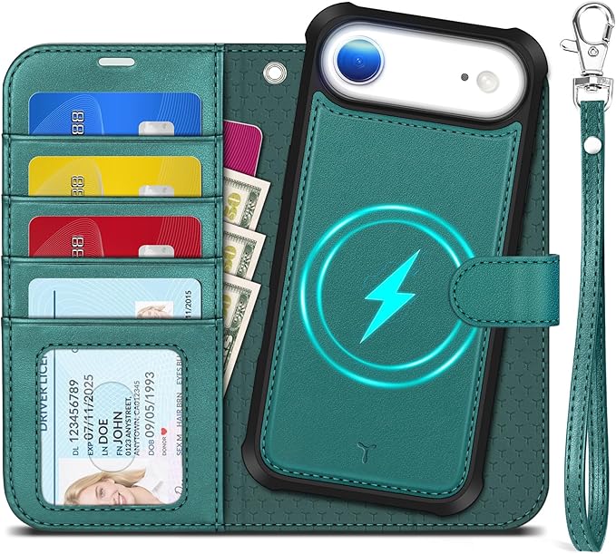 TUCCH 2-in-1 Removable Case Wallet for iPhone Air (6.5") 2025, Detachable Wrist Strap, 4 Card Holders RFID Blocking, Wireless Charging, Stand, Magnetic, PU Leather Shockproof Cover, Bluish Green