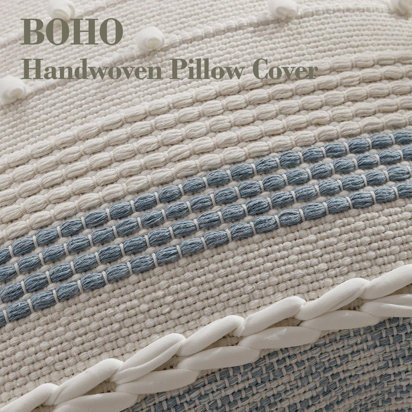 DEZENE Boho Pillow Cover 18x18 Coastal Blue - Handmade Woven Textured Throw Pillow Case with Cordings & Tassels, Decorative Accent for Couch Sofa Bed Farmhouse Living Room Bedroom Home Decor