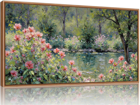 YeeHomedec Monet Botanical Framed Canvas Wall Art, Impressionist Floral Garden Wall Decor, Vintage Pond Tree Artwork, Nature Landscape Art Paintings for Living Room Bedroom Bathroom 20"x40"