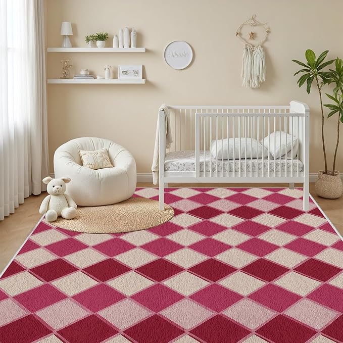 Plaid Rug, Soft Ultra Soft Faux Wool Rhombus Geometric Rugs, Indoor Floor Mats Carpet, Non Slip&Non-Shedding Low Pile Washable Rugs, Modern Red 5x6 Area Rug for Bedroom Home Decor