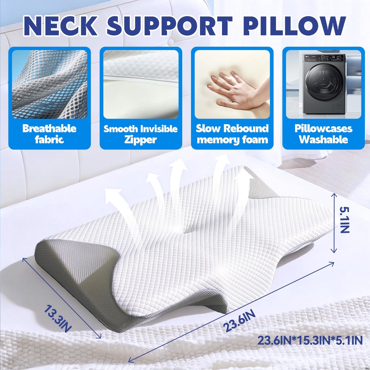 Keaolotay Memory Foam Cervical Neck Pillow, Ergonomic Orthopedic Contour Bed Pillow for Neck and Shoulder Pain Relief, Support Pillow for Side Back Stomach Sleepers with Pillowcase(Gray)