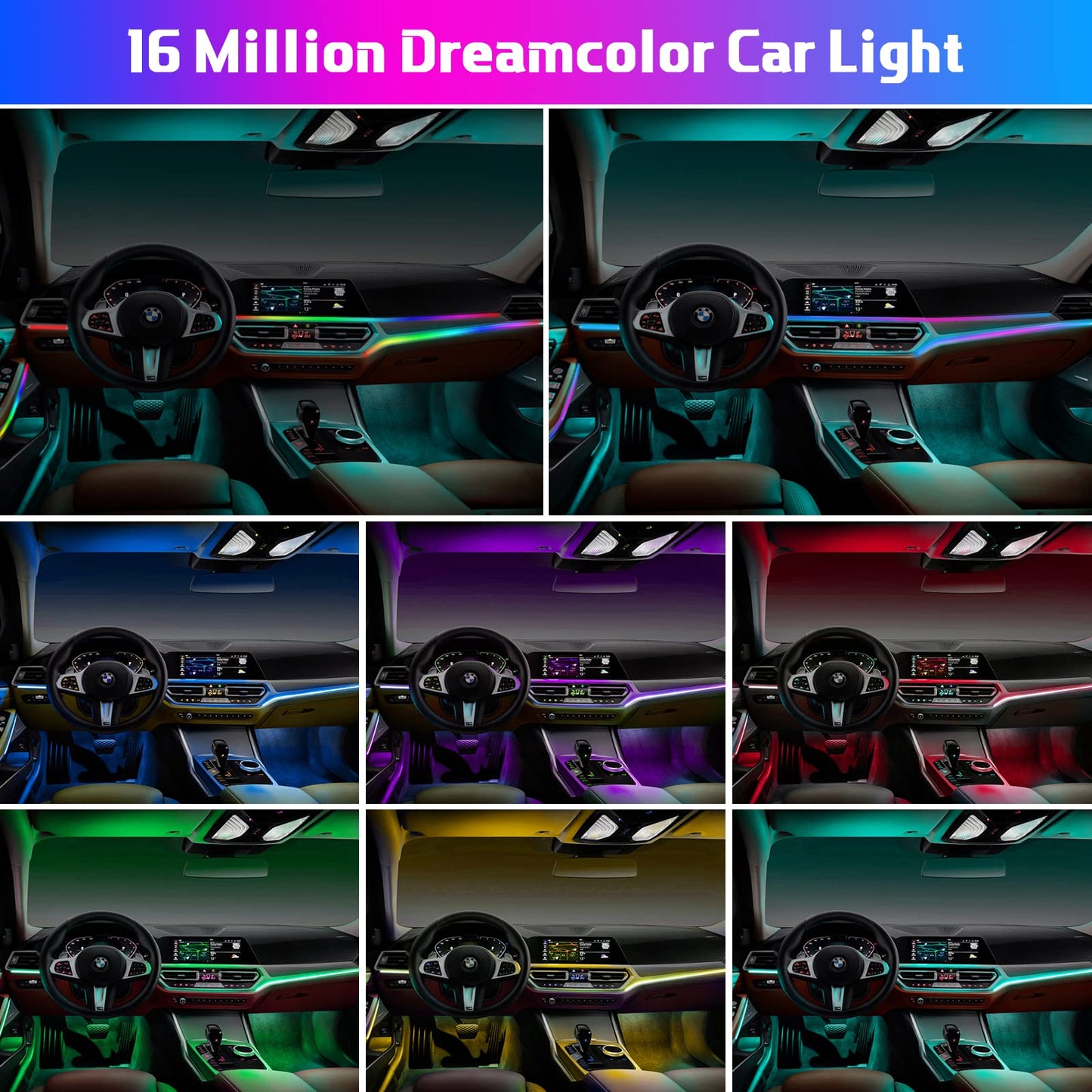 Acrylic Interior Car LED Strip Light RGB Dreamcolor 10 in1 with Wireless APP, 175 inches 593 LED 16 Million Color Fiber Optic Automotive Ambient Light Kits Music Sync Sound Activated Car Neon Lights
