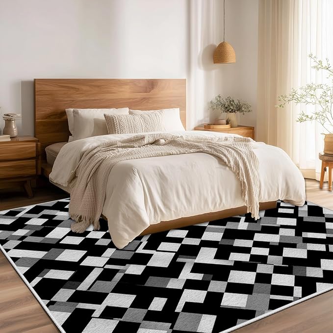 Black White and Grey Rug - Geometric Area Rug, Area Rugs 5x6, Modern Abstract Rugs, Irregular Block Splicing Carpet Washable Non Slip Home Decor Carpet for Living Room