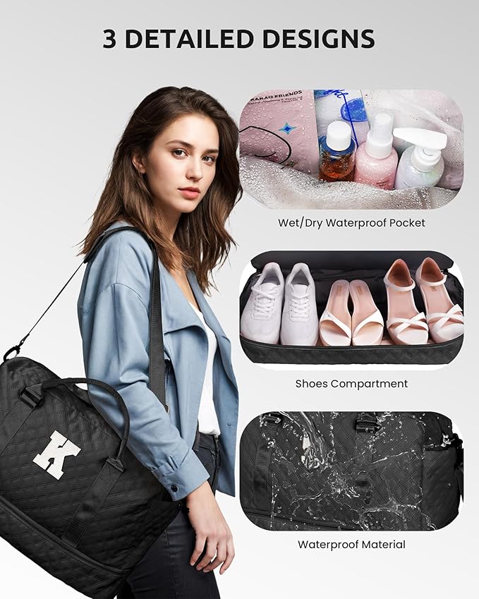Vogewood Gifts for Granddaughter-Initial Duffle Bag with Shoe Compartment, Personalized Weekender Bag, Monogram Overnight Bag, Letter Travel Bag with Makeup Bag，Daughter Friend Gifts (Letter S)