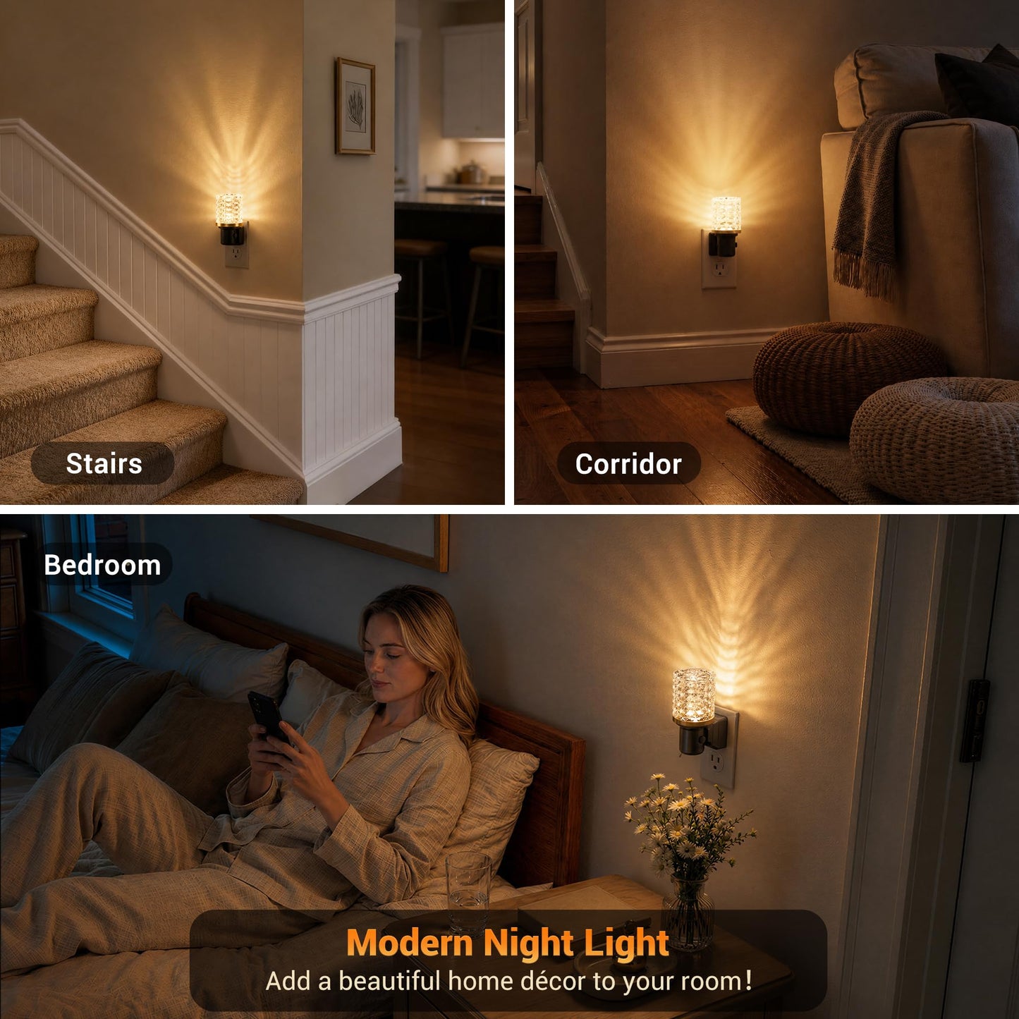 JandCase LED Night Light, Dimmable Night Lights Plug into Wall, Modern Nightlight with Auto On Off Light Sensor, 3000K Soft White Night Light 0-100LM Brightness for Bathroom Hallway Bedroom Decor