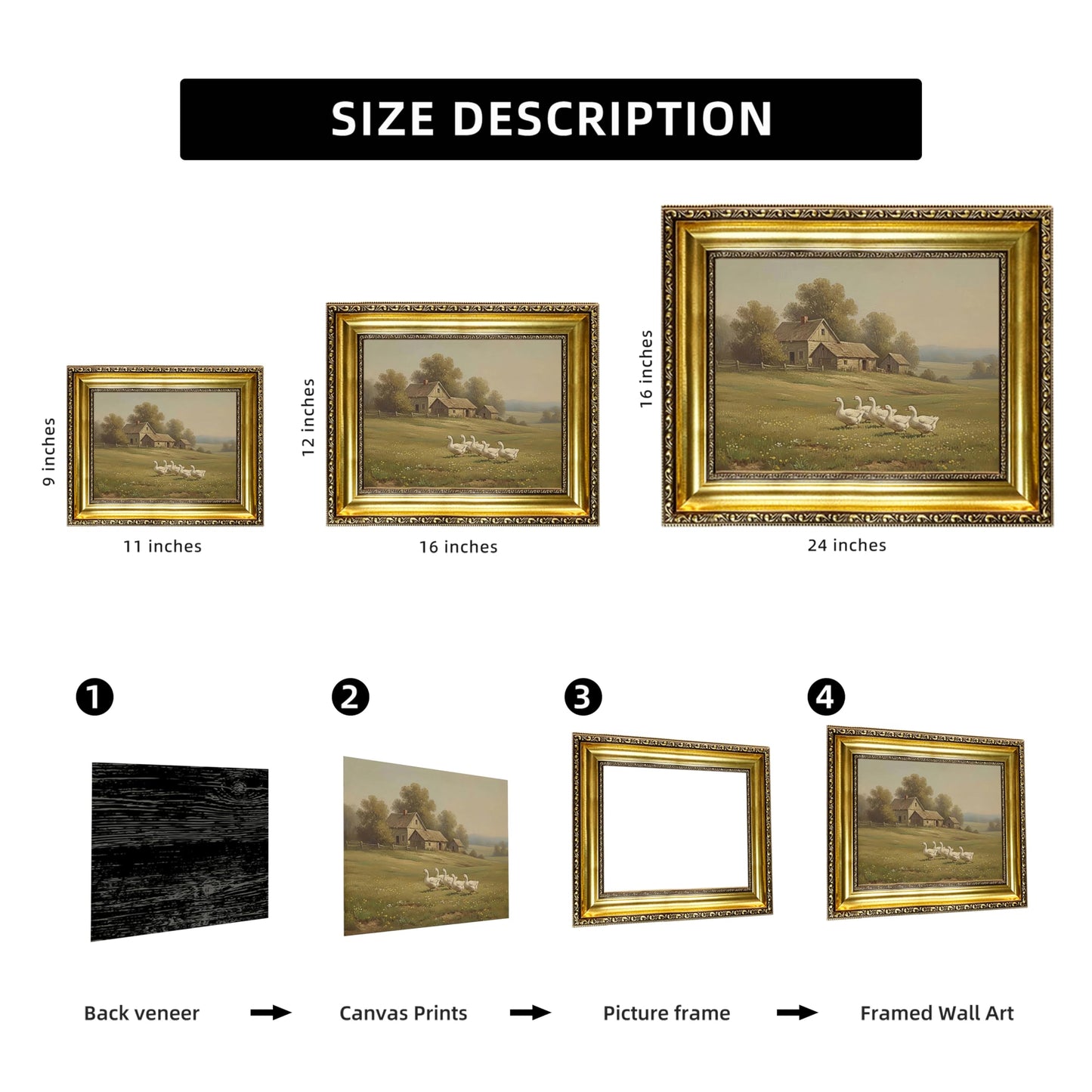 Gold Framed Vintage Landscape Canvas Wall Art farmhouse goose pictures