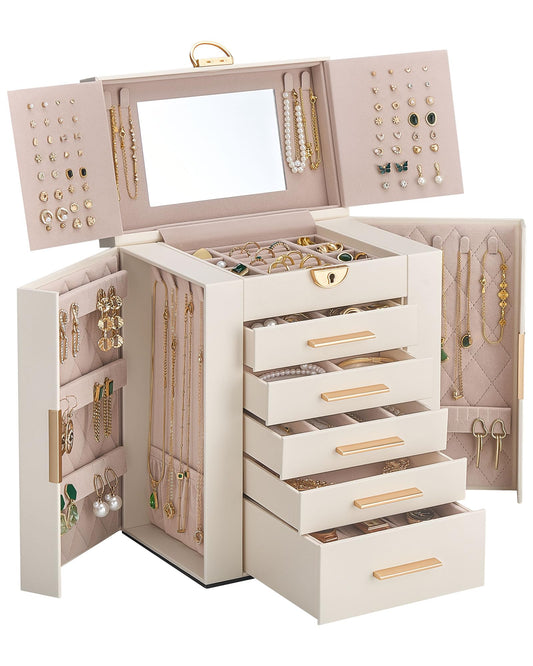 Lolalet Large Jewelry Box Organizer for Women, 6-Layer Jewelry Organizers and Storage Case with Mirror & 5 Drawers, Lockable Watch Ring Earring Bracelet Necklace Holder Girls Gift -6Layer, Beige