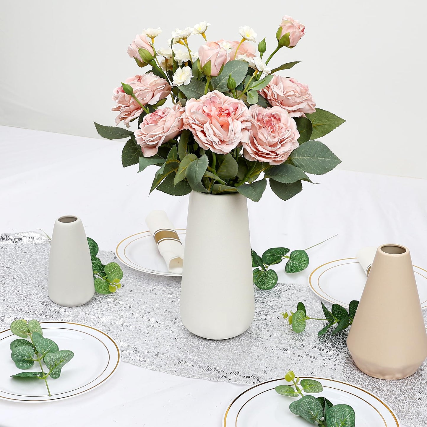 Tobilu Fake Flowers in Ceramic Vase, Artificial Pink Flower Bouquet with Vase Floral Arrangements for Mantel Dining Table Coffee Table Centerpieces - Dusty Pink