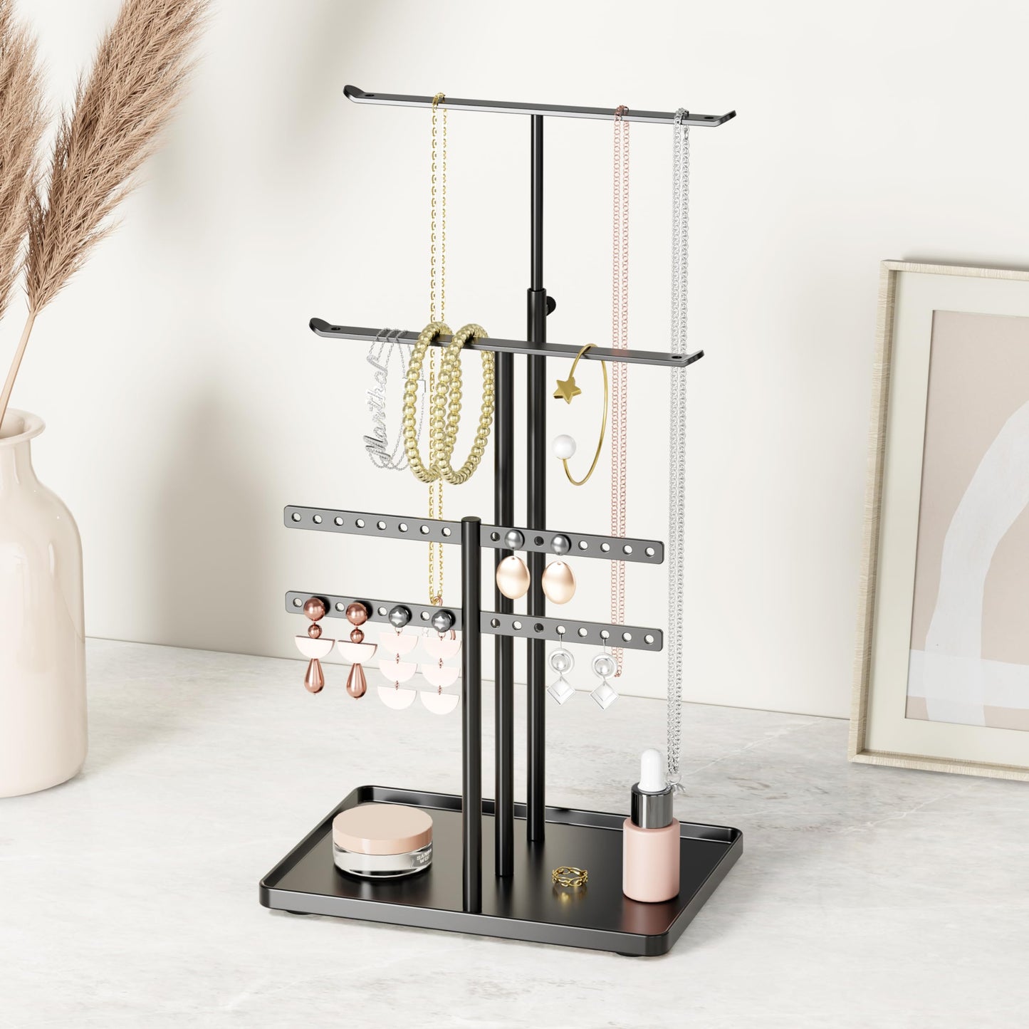 susswiff Jewelry Holder Organizer Stand - Adjustable Jewelry Tree 17.5" Height (Max), Jewlery Hanger for Necklaces, Bracelets, Earrings, Aesthetic for Storage and Display, Metal, Black