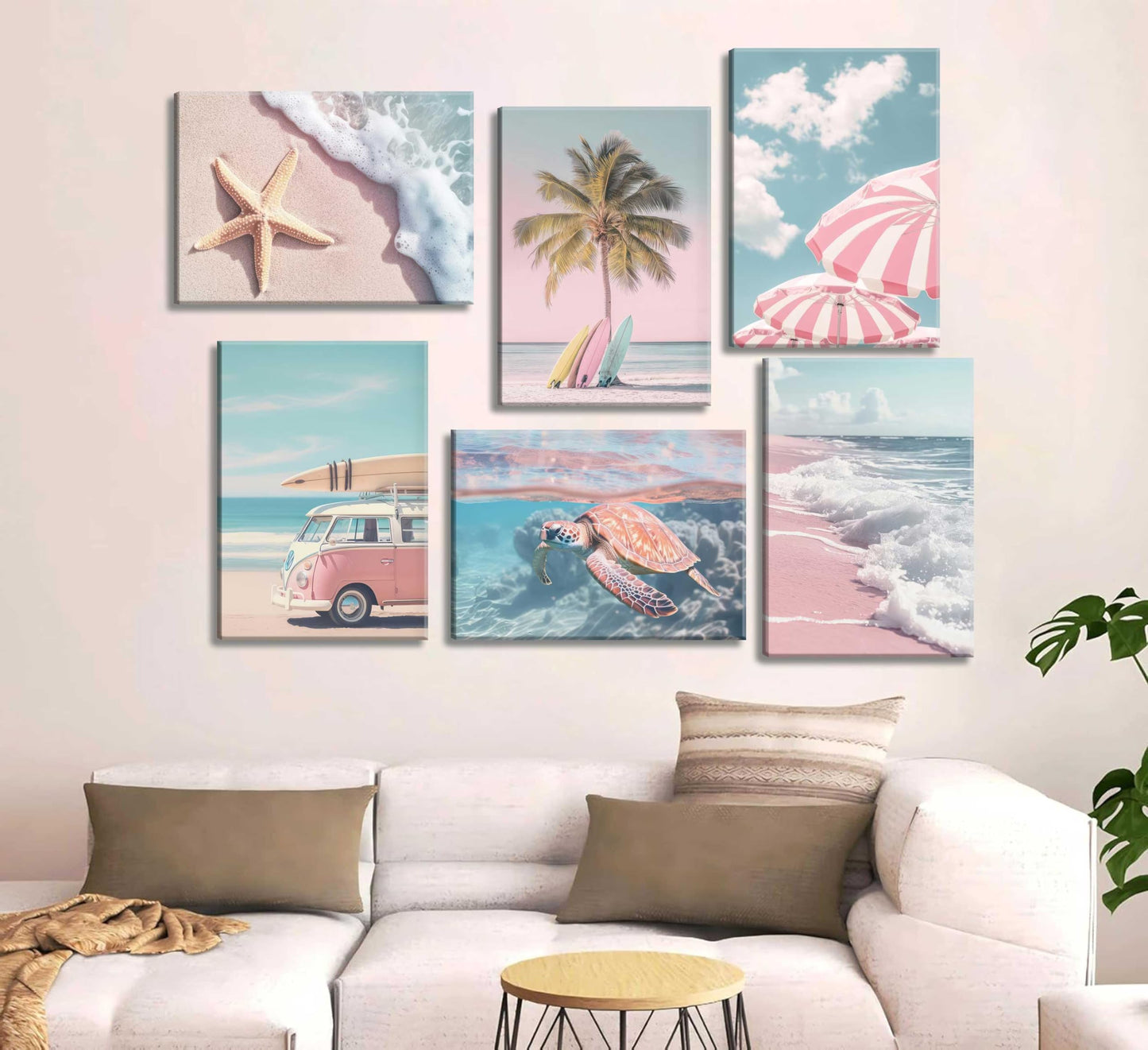 6Pcs Pink Summer Beachy Wall Art Fresh Pink Tropical Ocean Art Print Beach Chairs Starfish Surfboard Palm Tree Wall Decor Retro Coastal Canvas Picture Bus Van Canvas Painting for Bedroom Framed