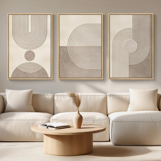 Large Framed Neutral Modern Wall Art for Living Room, 3 Piece Minimalist Boho Abstract Canvas Artwork for Walls, Mid Century Geometric Paintings Prints for Hallway Dining Room Wall Decor, 24x36 Inch
