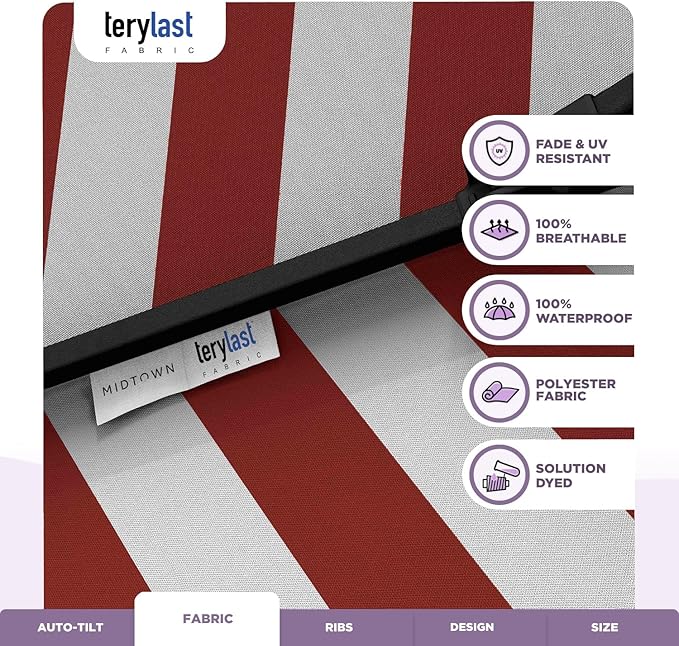 Midtown Umbrellas The Lean 10 Feet Outdoor Umbrella With Terylast Red Stripes (Red/White Stripes) Polyester Fabric - Auto-Tilt Aluminum Frame Patio Umbrella For Deck, Garden, Pool - Black Pole
