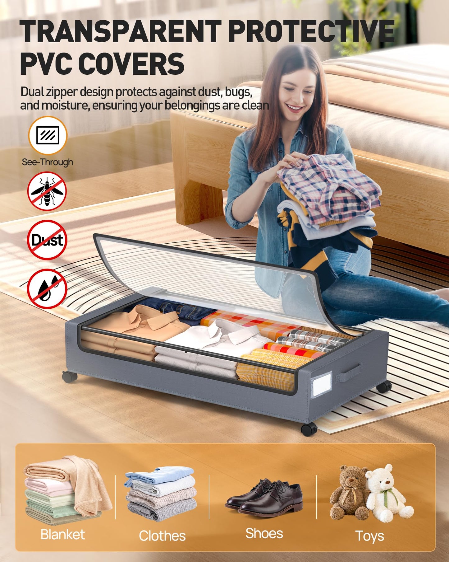YEEBONIX Under Bed Storage with Wheels, Square Under Bed Storage Containers, 60L Under The Bed Storage Bins, Rolling Metal Drawer for Clothes, Blankets, Shoes...
