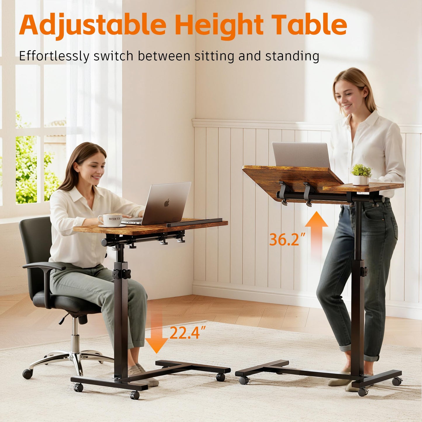 Mu Guang Overbed Tables, Hospital Table, Adjustable Height ＆ Protable Standing Rolling Desk, C-Shaped Bed Table for Livingroom and Bedroom, Brown