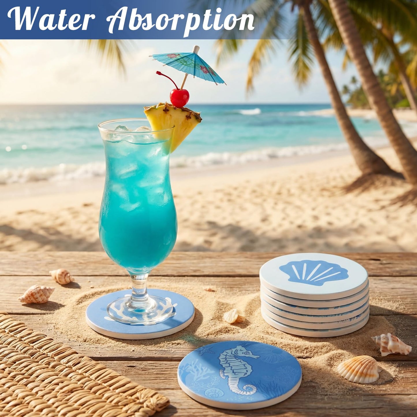 Remerry Coastal Coasters for Drinks Set of 8 Ceramic Stone Round Absorbent Coasters with Cork Base Beach Starfish Sea Ocean Life Decorations for Table Coffee Kitchen Bar Housewarming Gifts 4 Inches