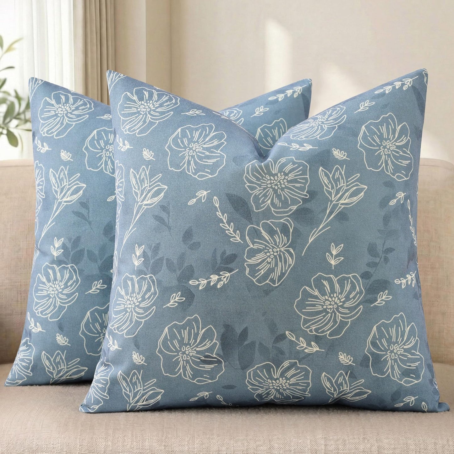 decorUhome Floral Botanical Pillow Covers 24x24 Set of 2, Faux Linen Decorative Throw Pillow Covers with White Line Flower Print for Couch Sofa Bed, Blue