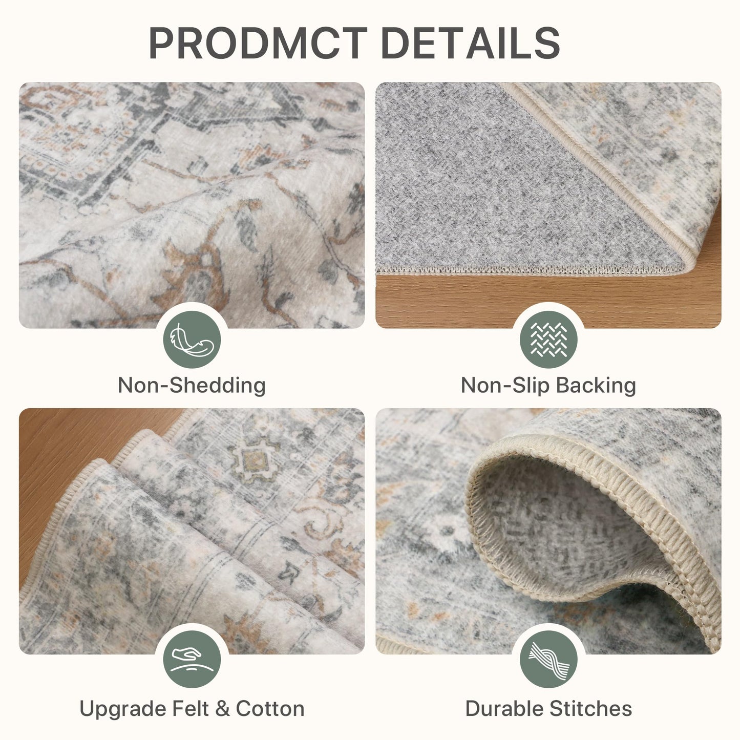 BESBLEE 5X7 Area Rugs for Living Room, Machine Washable Non Slip Vintage Rugs, Low Pile Lightweight Print Rug for Bedroom, Dining Room, Home Office, Light Taupe Brown