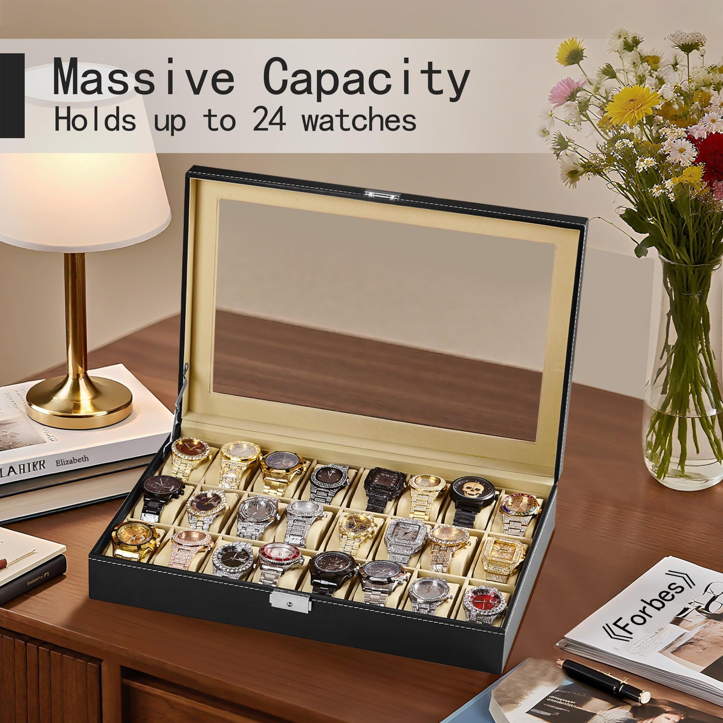 Baojulong 24-Slot Black PU Leather Watch Box, Watch Organizer with Clear Lid, Fits Various Watch Styles