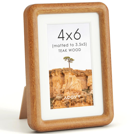 Acovy 4x6 Picture Frame, Natural Solid Teak Wood Photo Collage Frame with HD Tempered Glass, Rounded Corner Wooden Frame 4 x 6 Matted to 3.5x5, Gallery Wall Frames for Art, Wall or Tabletop Display