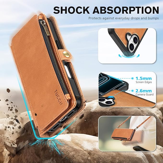 TUCCH Removable Crossbody Case Wallet for iPhone 17 (6.3-inch) 2025, Wireless Charging, RFID Blocking 9 Card Slots, Lanyard, Wrist Strap, Zipper Pocket, PU Leather, Stand Magnetic Cover, Light Brown