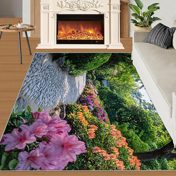 Japanese Gardens Washable Area Rugs 6x8 Non-Slip Garden Art Living Room Rug Eastern Aesthetics Soft for Carpet Low Pile Indoor Door Mat & Room Decor