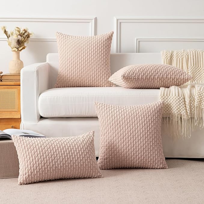 Kevin Textile 24x24 Pillow Covers 2 Packs Light Pink with Stripe Pattern Super Soft Corduroy Square Solid Cushion Cover Valentines Day Gifts for Couch Sofa Bedroom Living Room 60x60 cm