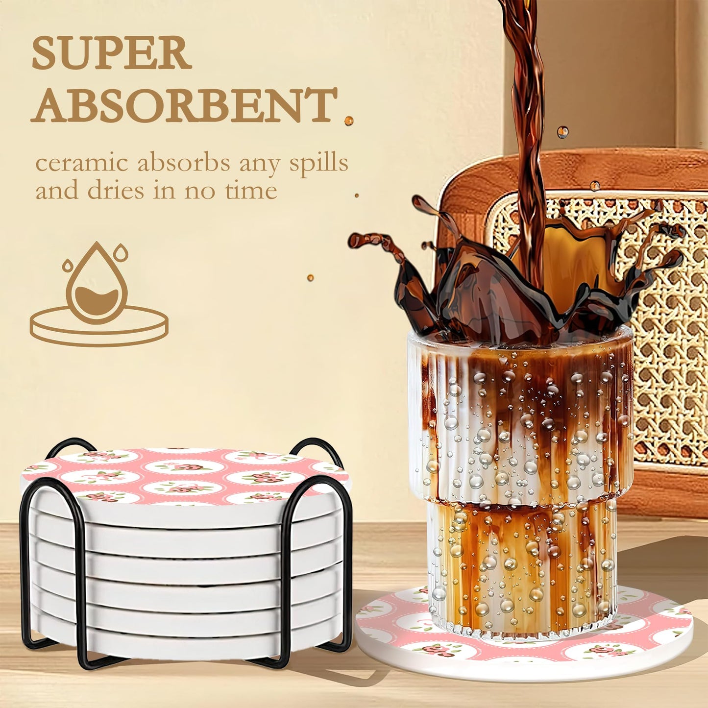 Drink Coasters,6 Pcs Shabby Chic Flower Coffee Cup Mat with Storage Holder, Durable Ceramic Coaster Set for Hot & Cold Beverages