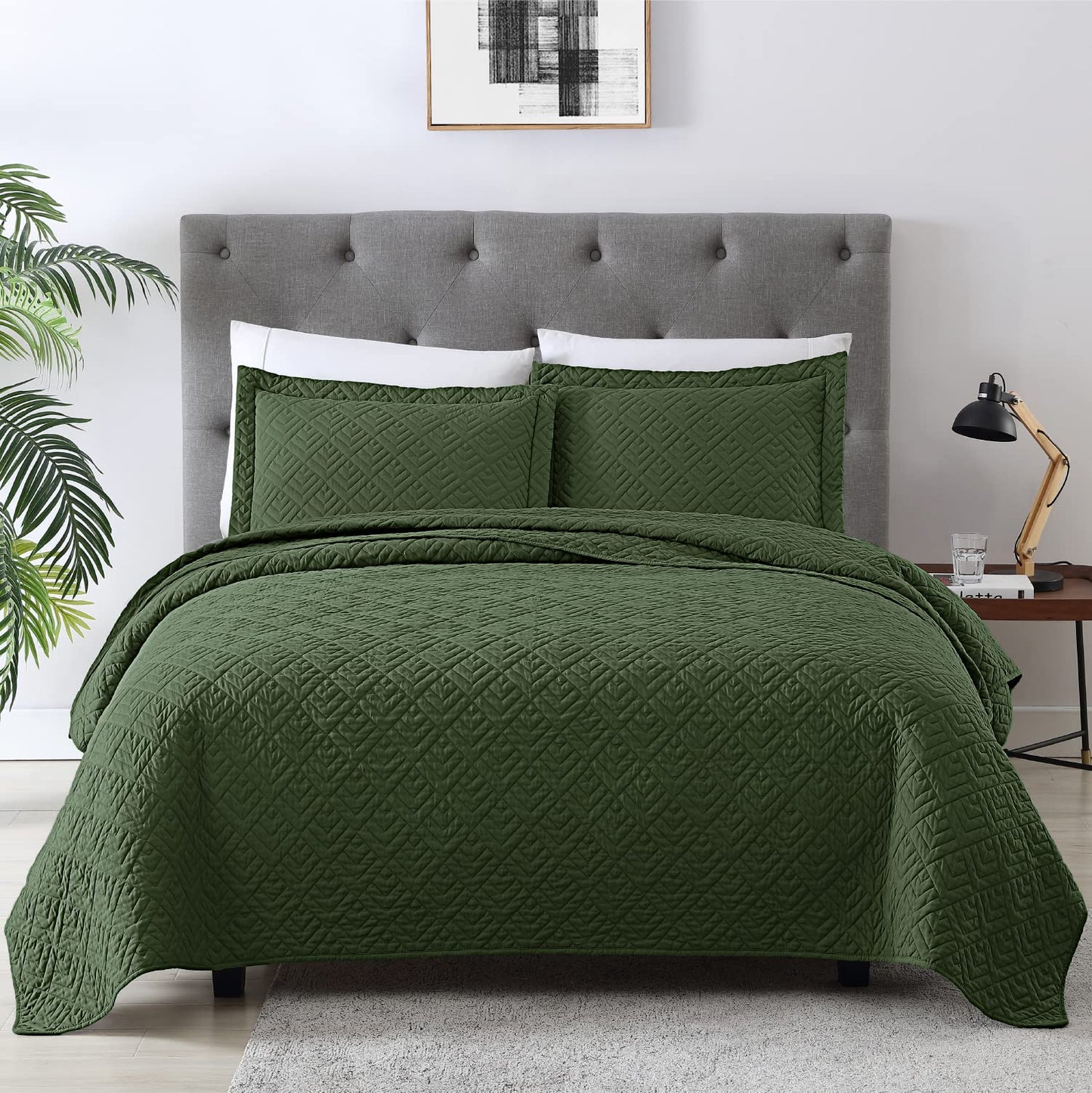 EXQ Home Quilt Set Full Quilts Queen Size Olive Green 3 Piece,Lightweight Soft Coverlet Modern Style Squares Pattern Bedspread Set(1 Quilt,2 Pillow Shams)