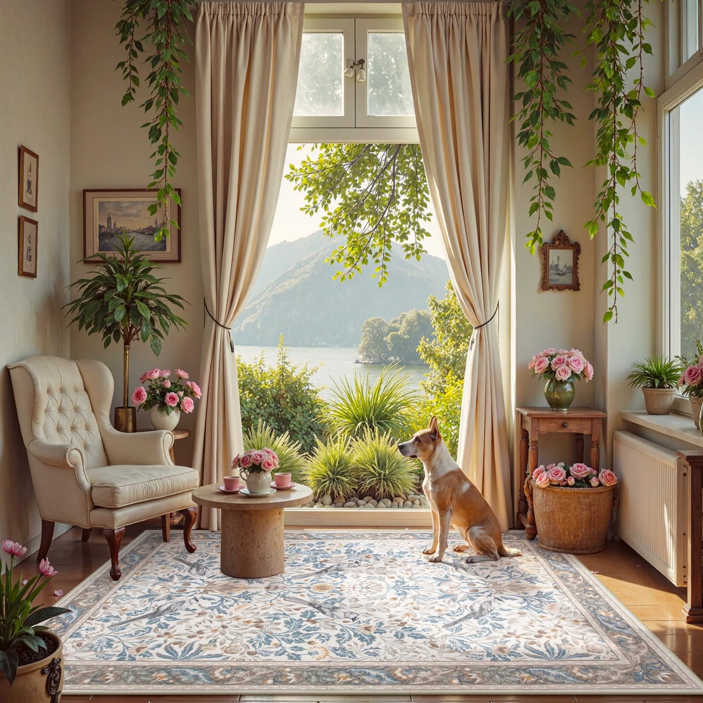 Morebes Floral Washable Area Rugs 5x7, Boho Rugs for Living Room Non Slip, Soft Indoor Floor Throw Carpet Flower Rug for Dining Room Table Bedroom Home Office Playroom Foyer, Beige