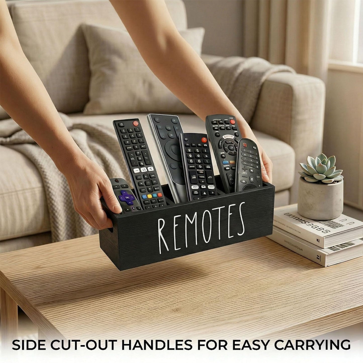 CHONIC Remote Control Holder, Farmhouse Remote Storage Caddy, Bedside TV Controller Box, Rustic Wood Media Organizer Tray for Home Bedroom Table (Black)