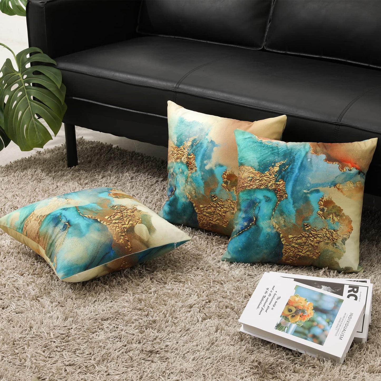 HOSTECCO Teal and Gold Throw Pillow Covers 18x18 inch Set of 4 Turquoise Gold Abstract Pillow Cases Modern Decorative Cushion Covers for Sofa Couch