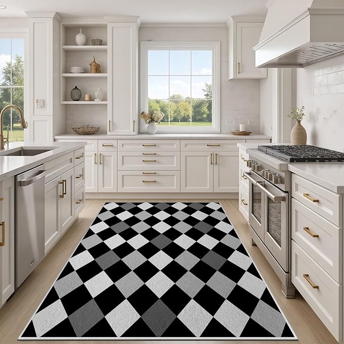 Black and White Rug 5x6, Rhombus Geometric Soft Ultra Soft Faux Wool Low Pile Rug, Indoor Floor Mats Carpet, Non-Slip Stain Resistant Washable Rugs, Modern Abstract Checkered Rugs for Living Room