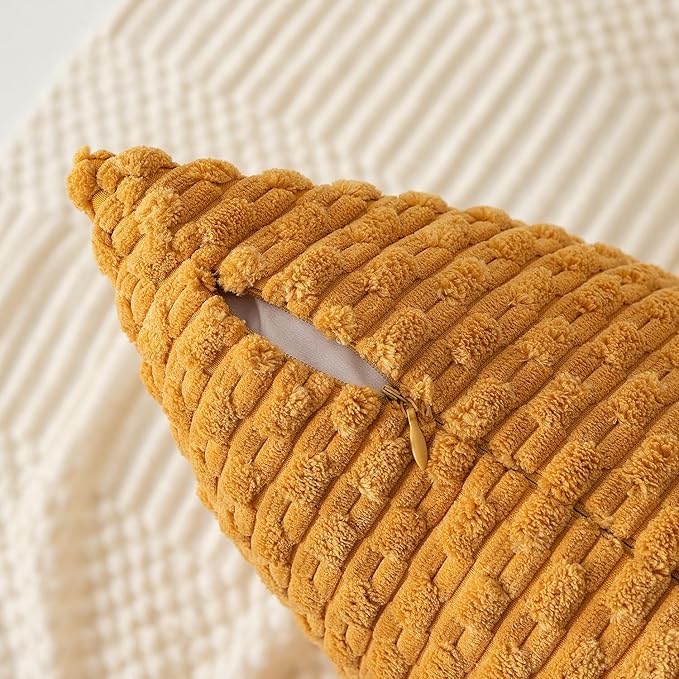 Kevin Textile Throw Pillow Covers Soft Corduroy Decorative Set of 2 Boho Striped Pillow Covers Pillowcases Farmhouse Home Decor for Couch Bed Sofa Living Room 20x20 Inch Golden Yellow