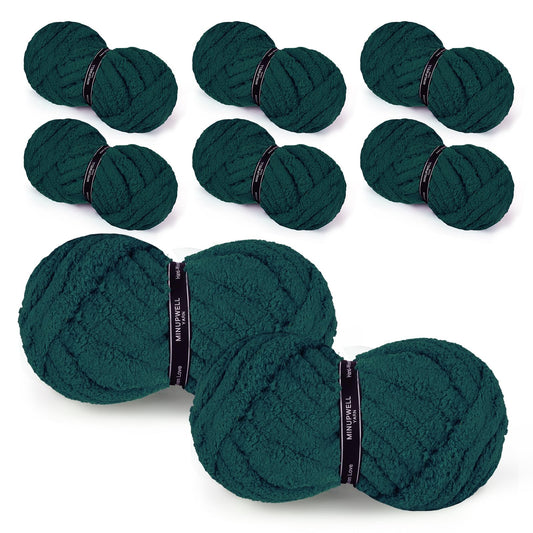 8 Packs Jumbo Chunky Chenille Yarn - 1820g(64oz) 254 Yards (761ft) Bulky Yarn - Chunky Yarn for Hand Knitting Blanket,Cushions, Pet Bed - Soft and Durable(Dark Green)