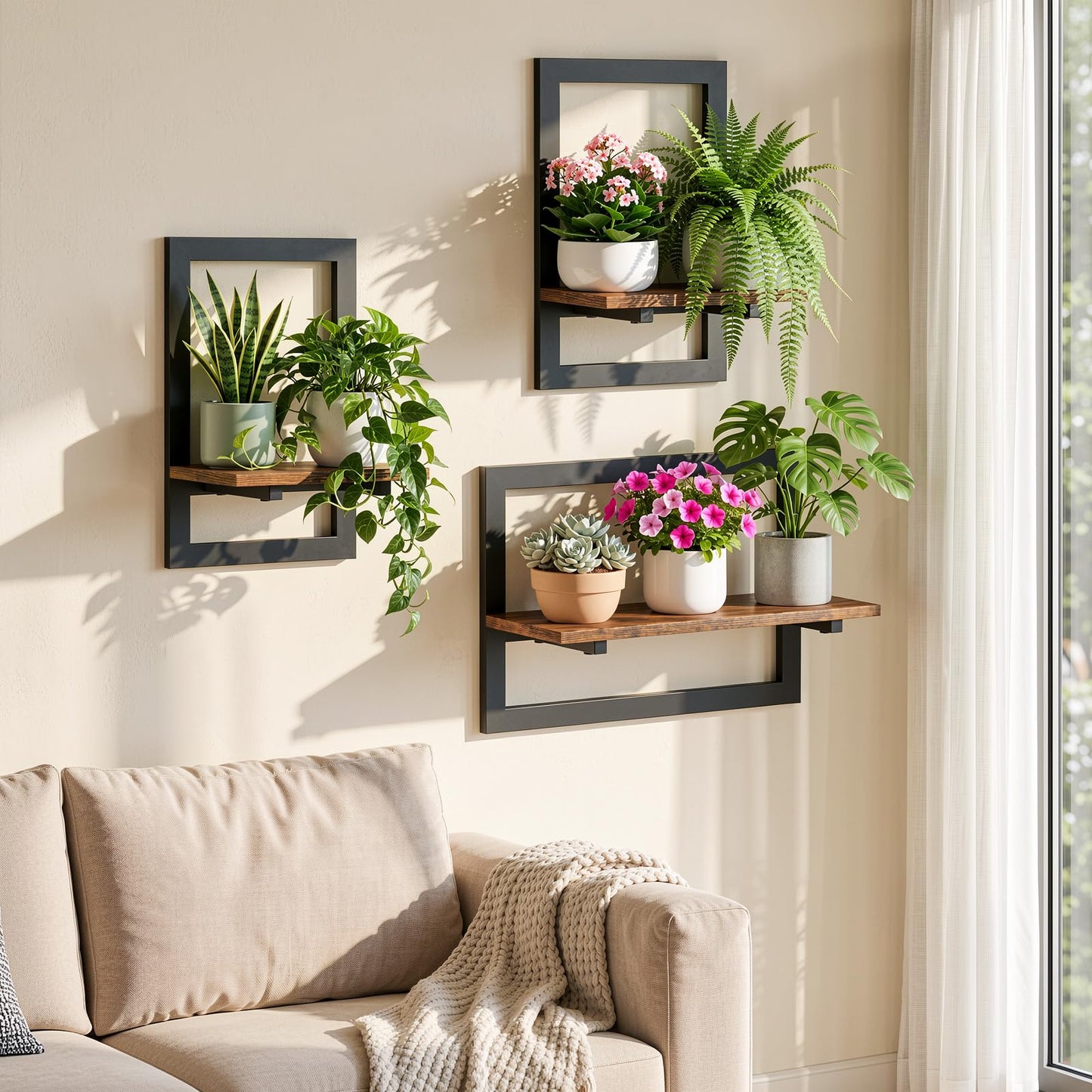 Housolution 3 Pack Wall Plant Holder, Picture Frame Design Plant Shelf, Wall Planters for Indoor Plants, Floating Shelves for Living Room, Bedroom, Kitchen, Office, Bathroom, Rustic Brown