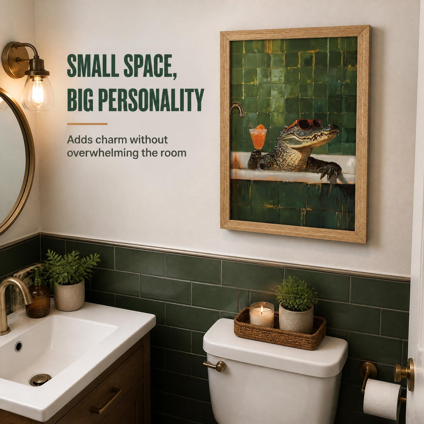 Funny Crocodile Bathroom Wall Art Framed Chillin Crocodile with Cocktail Wall Decor Funny bathtub Animal Painting Picture Cool Alligator Bath Time Prints Artwork for Bathroom Bar Home Decor
