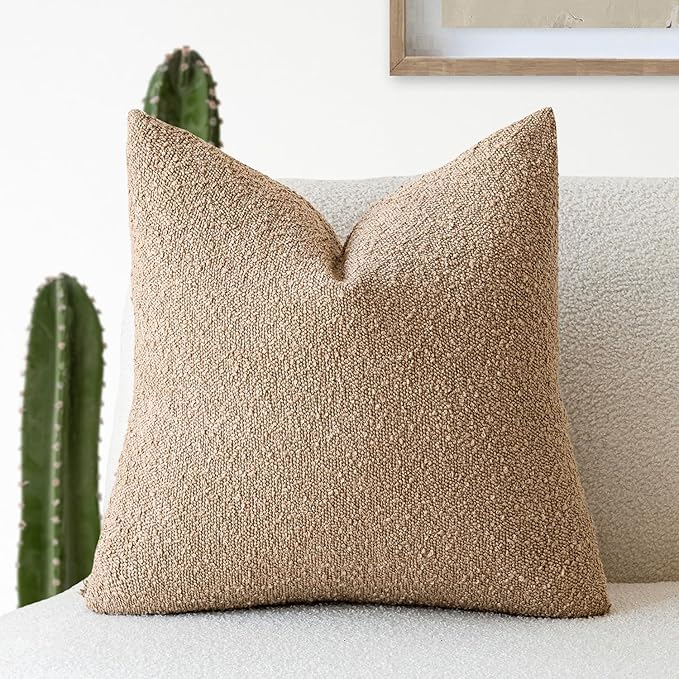Foindtower Decorative Textured Boucle Throw Pillow Covers Accent Solid Pillow Cases Neutral Soft Cozy Couch Cushion Case for Chair Sofa Bedroom Living Room Home Decor 16x16 Inch,1PC,Taupe Khaki Camel