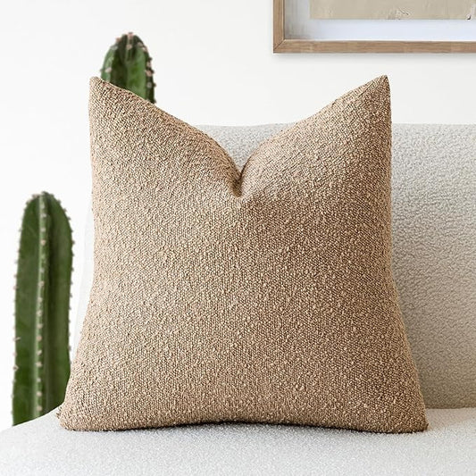 Foindtower Decorative Textured Boucle Throw Pillow Covers Accent Solid Pillow Cases Neutral Soft Cozy Couch Cushion Case for Chair Sofa Bedroom Living Room Home Decor 24 x 24 Inch,Taupe Khaki Camel
