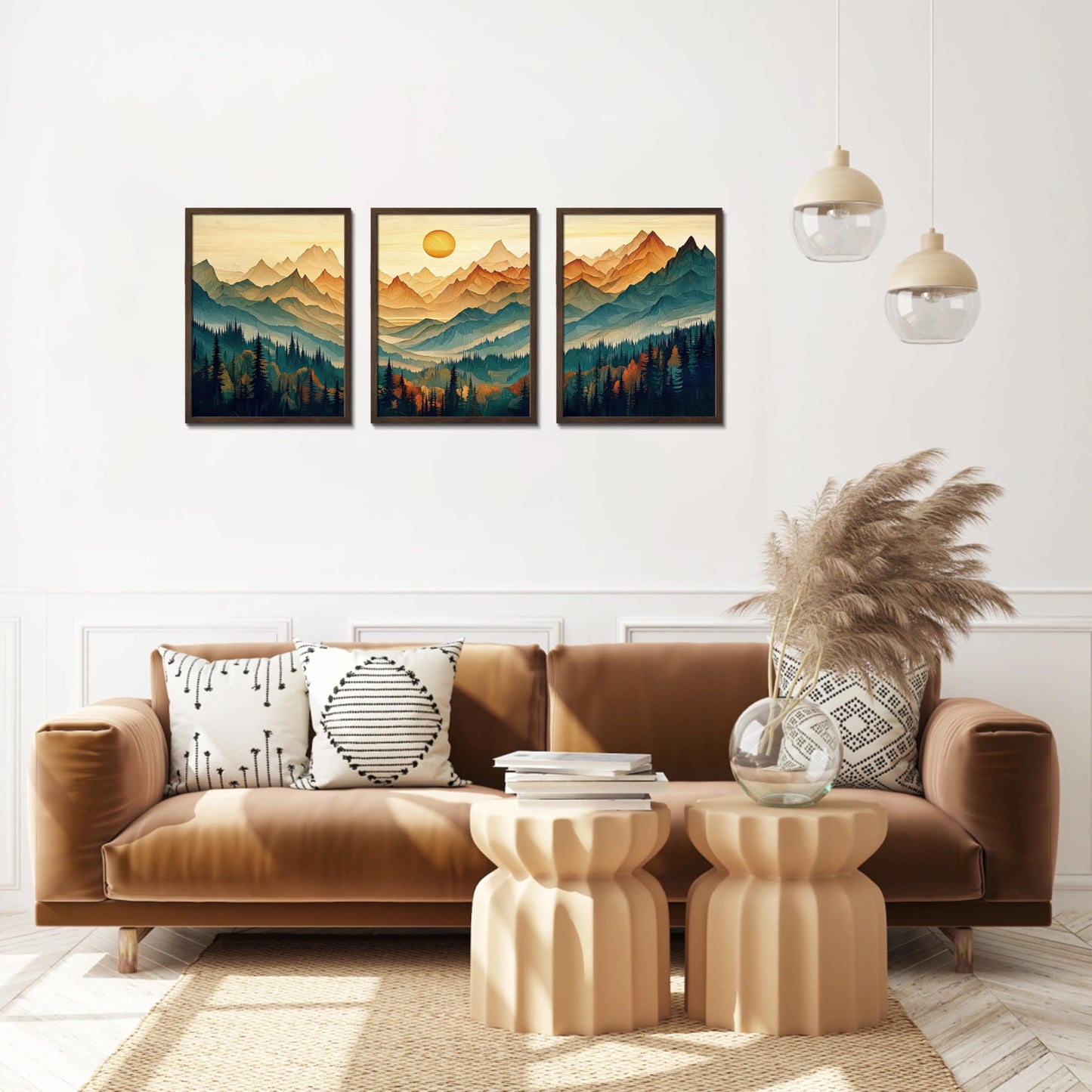 Framed Boho Wall Art Set of 3, Boho Wall Decor, Sunrise Mountain Canvas Prints for Living Room Decor, Large Forest Landscape Painting in Wood Frame, Pine Trees Picture for Bedroom Office 12x16 inch