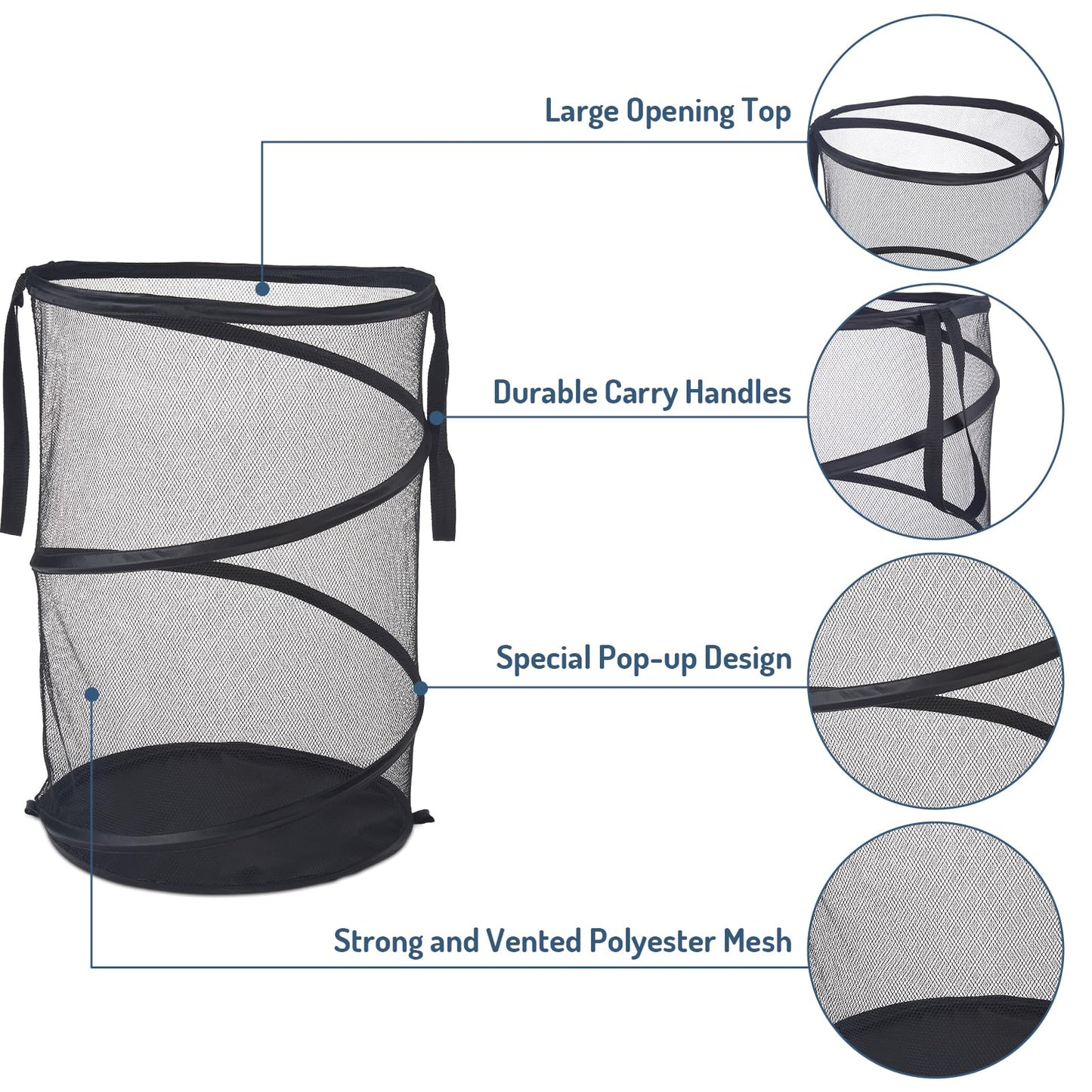 Seiritex Mesh Popup Laundry Hamper 115L Foldable Laundry Basket Extra Large Capacity Collapsible Clothing Storage Basket with Handles 26 H x 18 W x 18 L (Black)