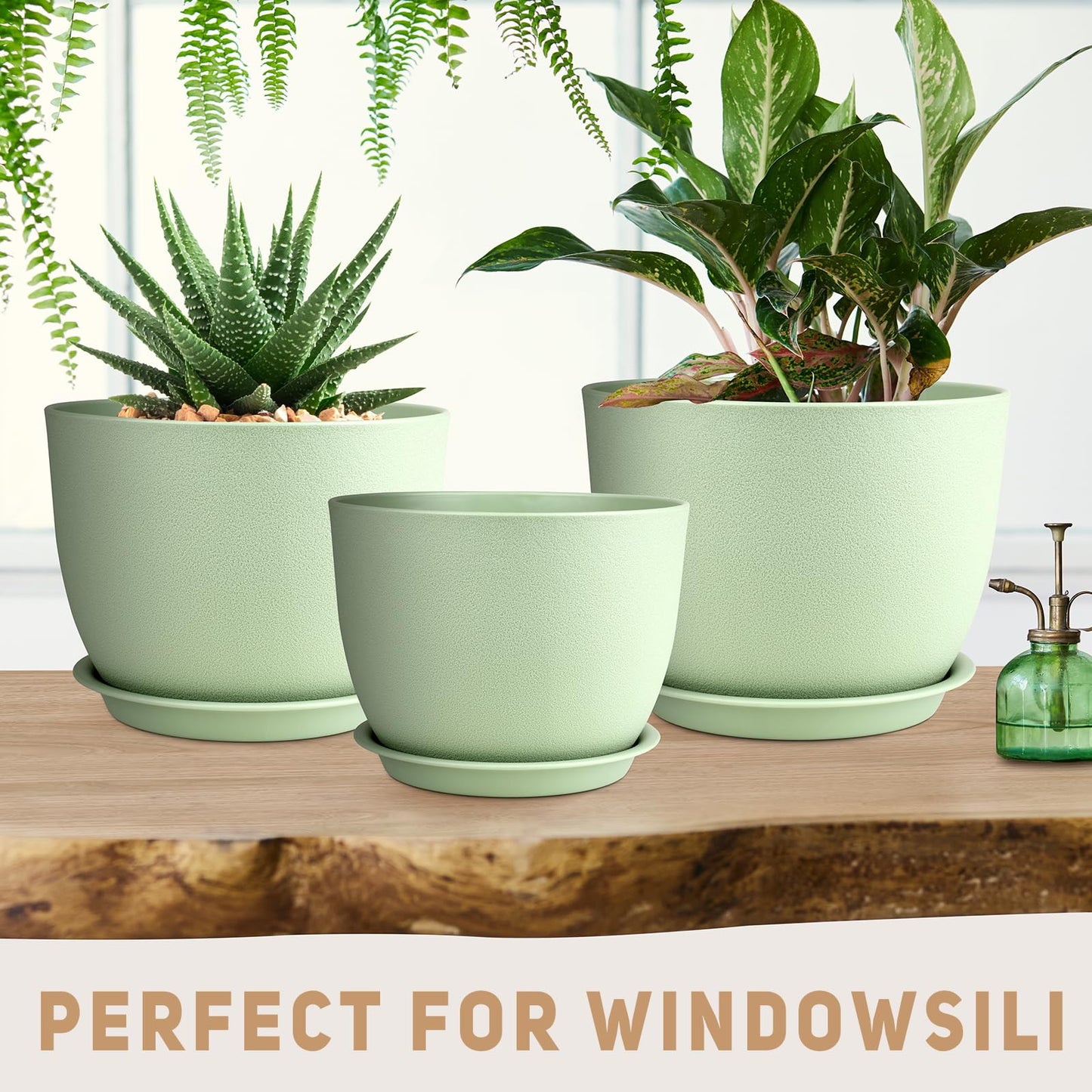 YNNICO Plant Pots 12/10/9 inch Set of 3, Flower Pots with Multi Mesh Drainage Holes, Large Planters for Indoor Outdoor Garden Plants and Flowers. (Green)