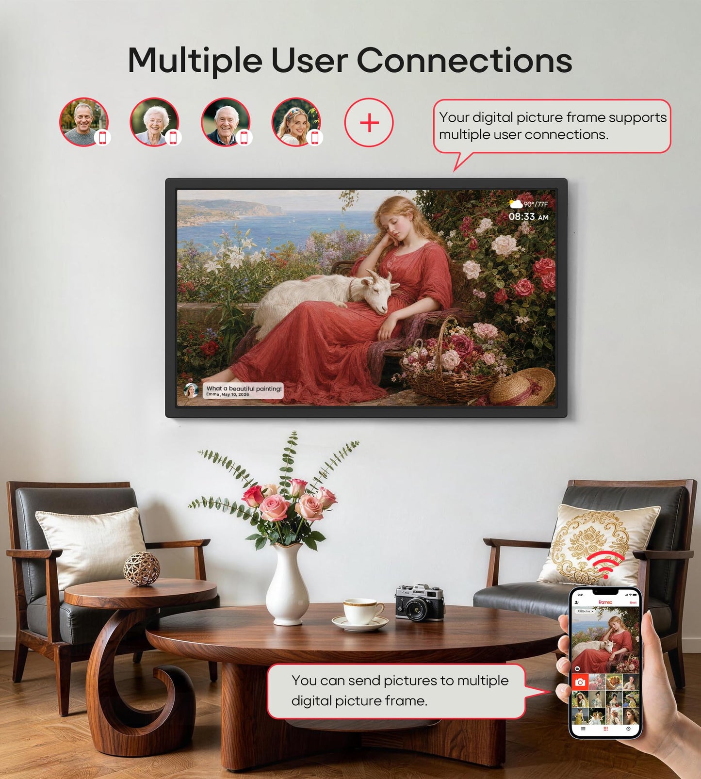 Frameo 32" Extra Large Digital Picture Frame WiFi 64GB, 1920 x 1080 FHD IPS Touch Screen Electronic Photo Frames, Wall Mounted, Auto-Rotate, Support USB and SD Card, Share Photos Videos Instantly